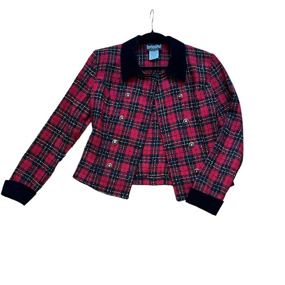 Vintage 90s Brioche Red Plaid Velvet Trim Double Breasted Textured Jacket M - Picture 1 of 6
